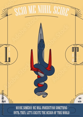 Snake coils around an ancient dagger. Mystical retro card. Symbol of deception and danger.