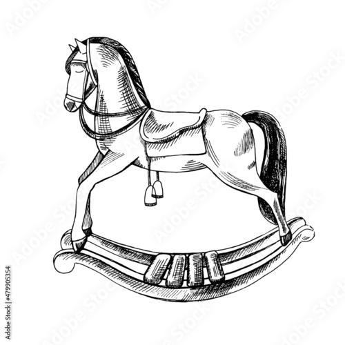 A hand-drawn ink sketch of  a vintage wooden baby rocking horse. Outline on a white background, vintage vector illustration.   Vintage sketch element for labels, packaging and cards design.