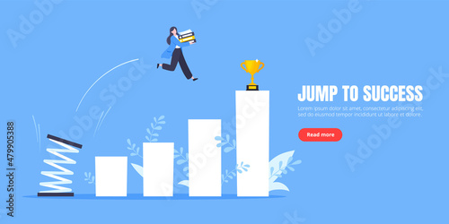 Springboard businesswoman high jump flat style design vector illustration concept. Business person jumps above career ladder. Success growth, motivation opportunity, boost career concept.