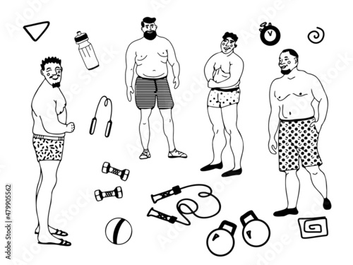 Positive overweight men and sports equipment. The concept of accepting your body.
