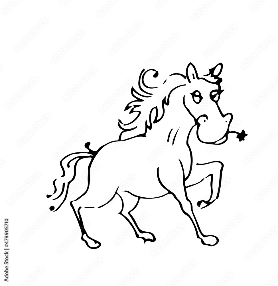 Horse funny. Cheerful wild animal. A comical character. Outline sketch. Hand drawing is isolated on a white background. Vector