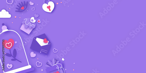 Happy Valentine's Day. Valentine day love beautiful. Hearts, Gift, flower, sweets, confetti, envelope on very peri background. Happy holidays. Love14 February paper cut concept