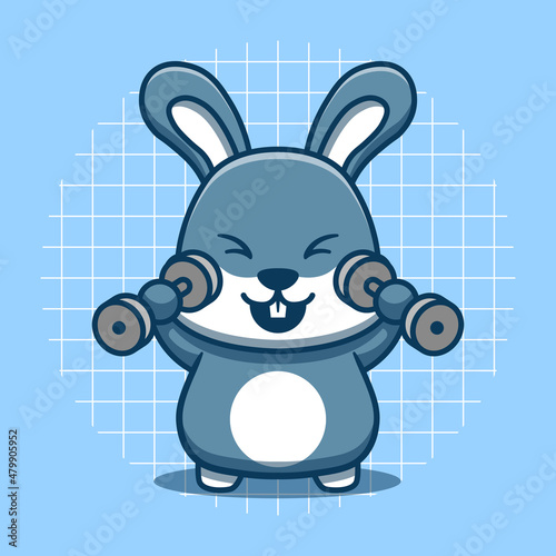 The cute rabbit character mascot is exercising lifting weights. Animal vector isolated. Flat cartoon style.