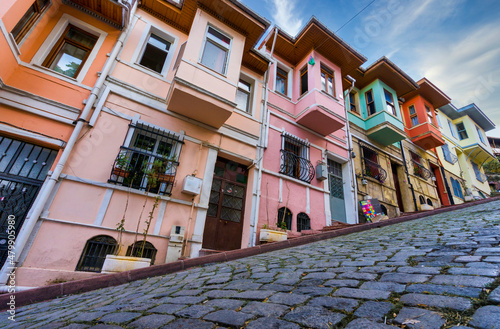 View of colorful historical houses in Balat. Balat is the traditional old quarter in the Fatih district of Istanbul. photo