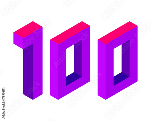 Purple number 100 in isometric style. Isolated on white background. Learning numbers, serial number, price, place.