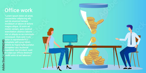 Office work.People are sitting at a desk in the office against the background of a large hourglass.Flat vector illustration.