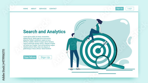 Targeting.Goal search and business analytics.People on the background of a large target and a magnifying glass.An illustration in the style of a green landing page.