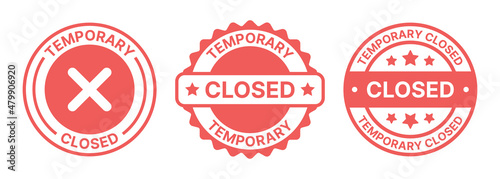 Temporary closed stamp, sign and label icon set.