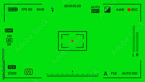 Green colored chroma key camera rec frame viewfinder overlay background screen flat style design vector illustration. Chroma key VFX screen camera overlay abstract background concept for video footage