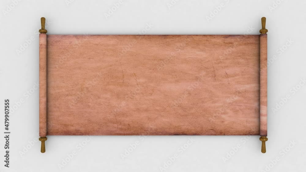 3d animation of a book parchment scroll that unfolds. Animation with an alpha channel for overlaying texts, commercials.