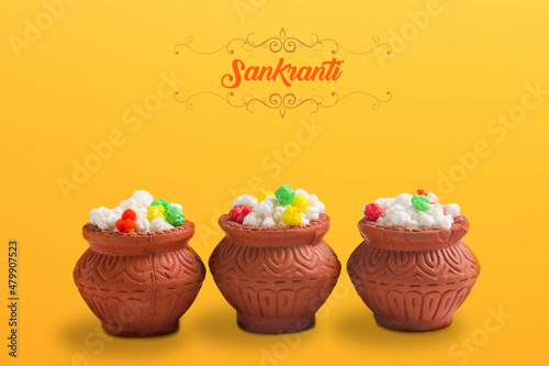 Indian festival makar sankranti concept   Tilgul in small bowl. Tilgul is a colourful sesame candy coated with sesame seeds  in Maharashtra people exchange tilgul on Sankranti