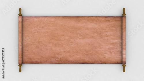 3d animation of a book parchment scroll that unfolds. Animation with an alpha channel for overlaying texts, commercials.