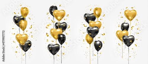Black and gold foil balloons with confetti. Festive vector heart shape air balloon compositions set with sparkling glitter and golden ribbons. Valentine day or birthday party decoration elements.
