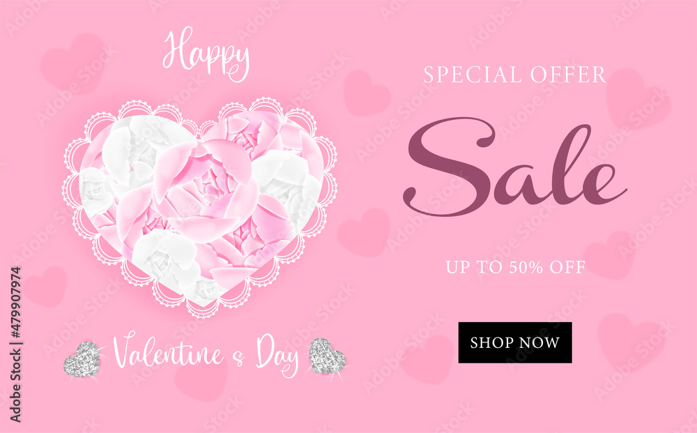 Valentine's Day sale banner with cute heart shaped peonies. Promotion and shopping template. Pink abstract background with heart decorations February 14 Valentine's Day sale background with hearts