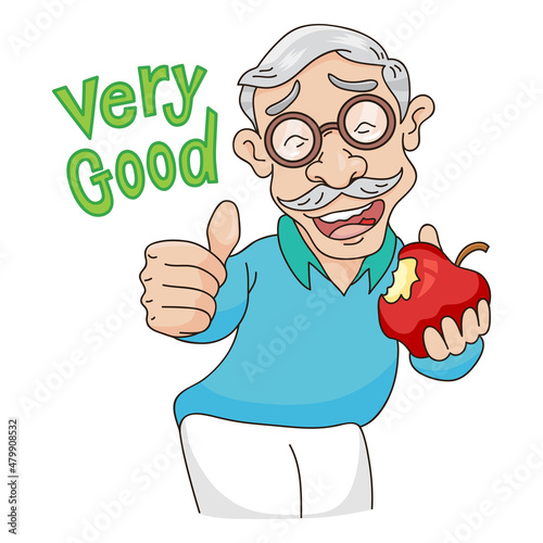Healthy senior man apple bite with hand show thrum up  vector illustration cartoon