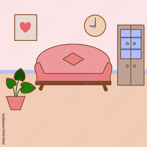 Home interior in pink colors. Sofa, wardrobe, painting, wall clock and indoor flower on the floor.