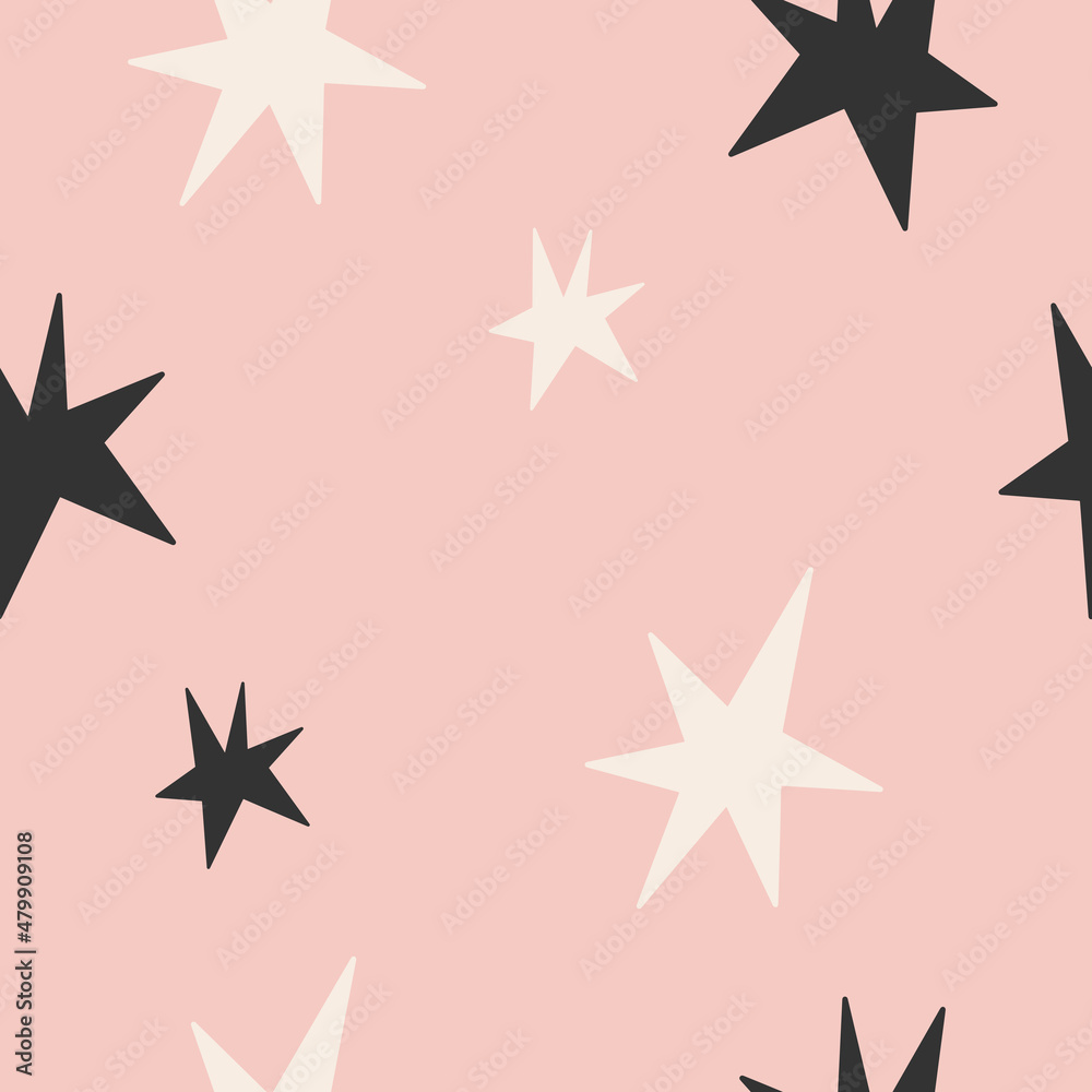 Seamless childish simple pattern for kids with cute stars in modern style on a pink background. Seamless childish simple pattern for kids with cute stars in modern style on a pink background.
