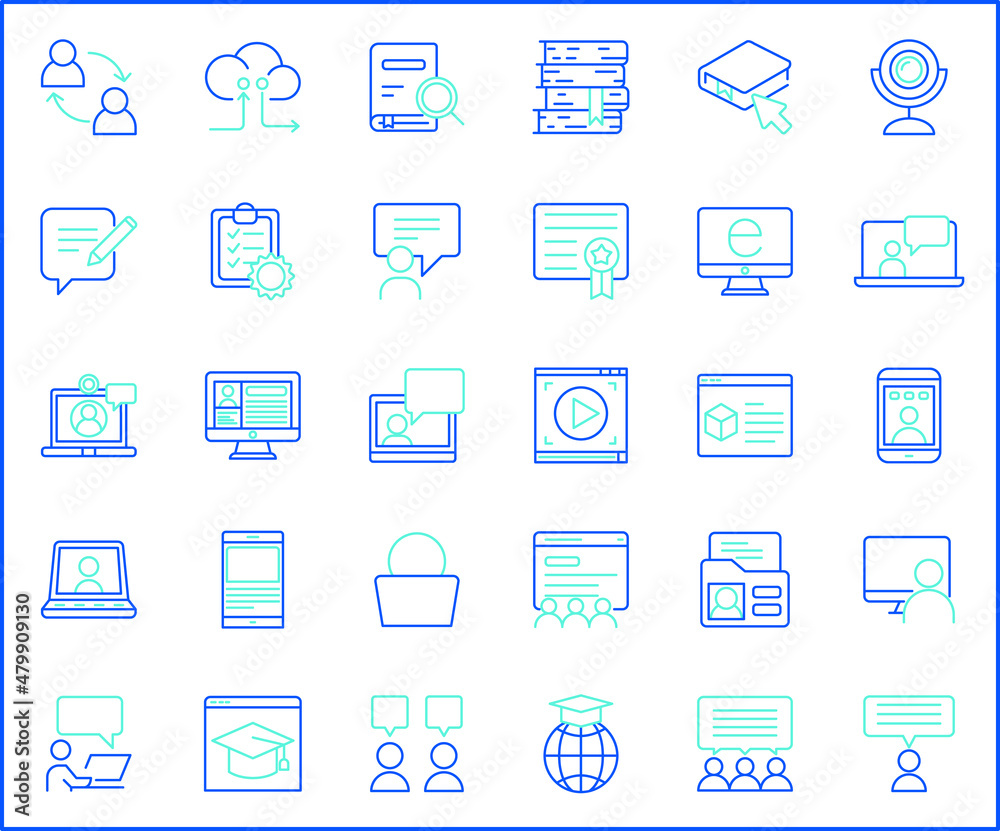 Set of online education and e-learning icons line style. It contains such Icons as e-book, lessons, webinar, video, teaching, training, mobile, tutorial, computer and other elements.