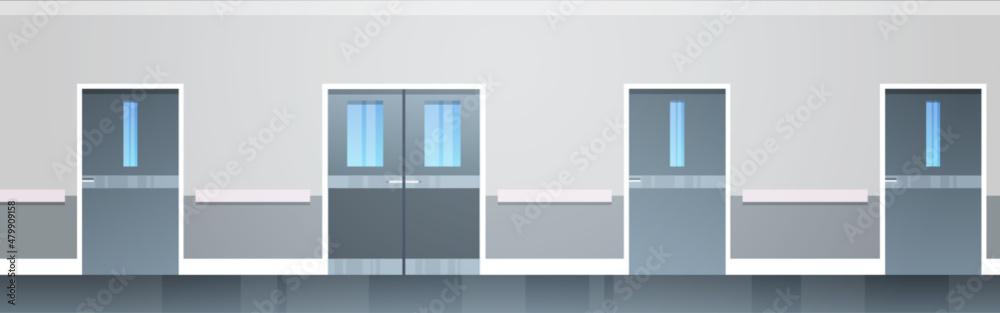Empty hospital corridor area no people and open space modern hospital rooms corridor interior design flat vector illustration. Empty hospital corridor area no people and open space modern hospital rooms corridor interior design flat vector illustration.