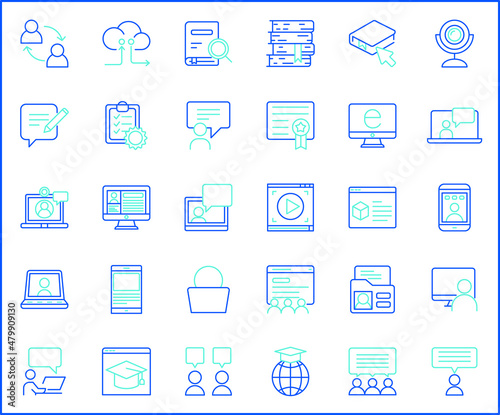 Set of online education and e-learning icons line style. It contains such Icons as e-book, lessons, webinar, video, teaching, training, mobile, tutorial, computer and other elements.