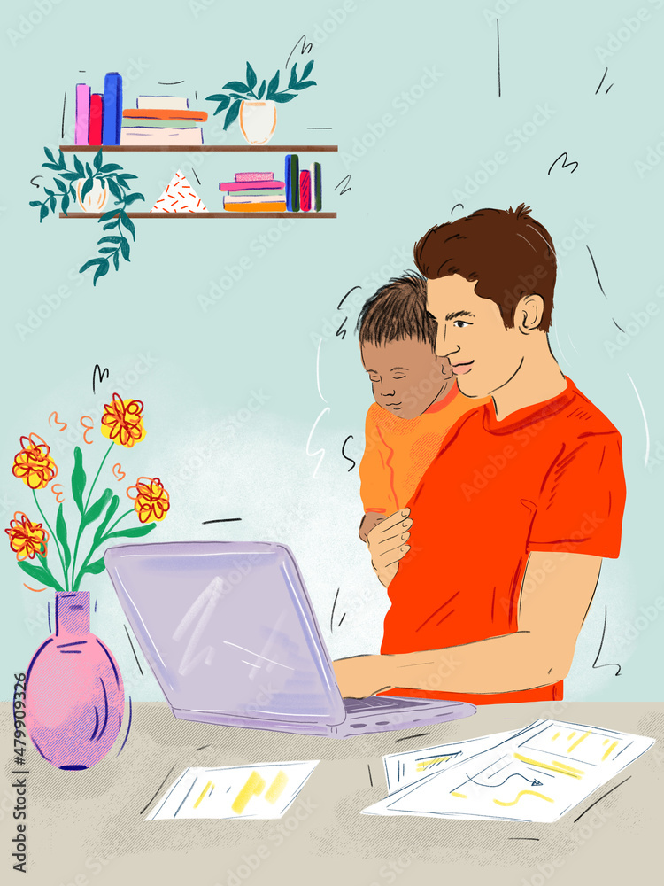 man doing home office with baby