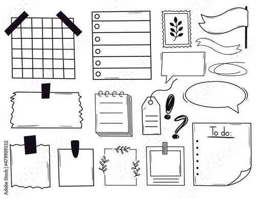 Hand drawn bullet journal elements for notebook, diary, sketchbook. Set of doodle notes, stickers, borders, frames, speech bubble. Outline vector illustration