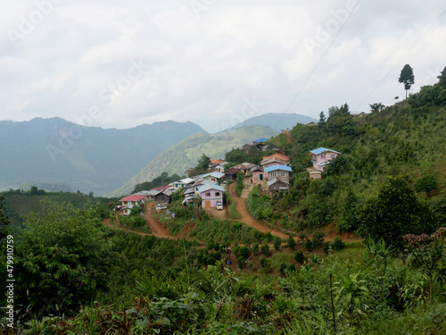 Burmese hill with coffee and banana plantations, near the village