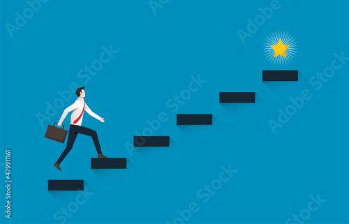 Leadership and career development concept. Businessman climbing to the top to reach the star symbol.
