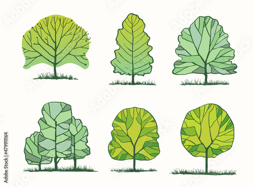 Set of hand drawn trees with stylized tree crown on white