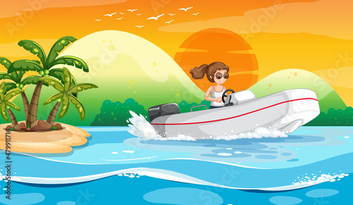 Ocean wave scenery with a woman driving a boat