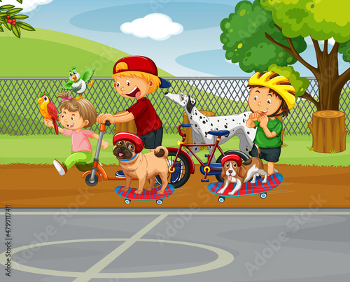 Park scene with kids playing with their animals