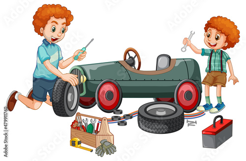 Dad and son repairing a car together