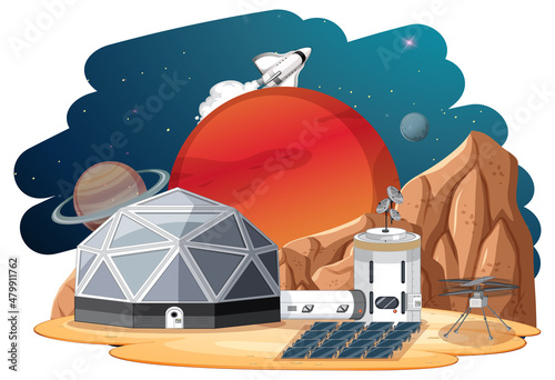 Isolated landscape of planet surface with colony buildings