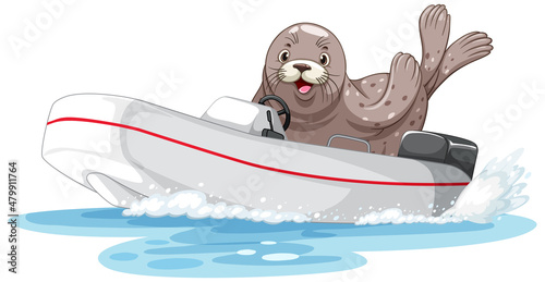 Seal on motor boat in cartoon style