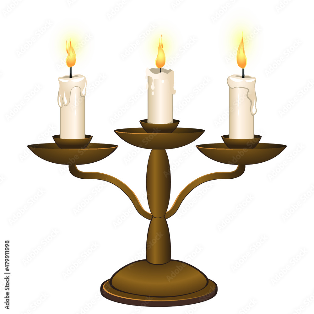 Triple candlestick. 3 wax candles on a metal candlestick. Vector illustration Triple candlestick. 3 wax candles on a metal candlestick. Vector illustration