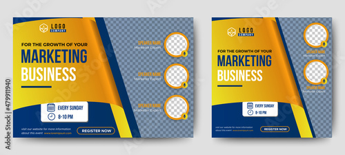 Marketing Business Live Webinar Banner Invitation and Social Media post template. Blue and Yellow background. Business Converence invitation design. Vector EPS	
