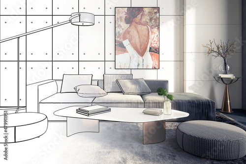 Tableau sur Toile Modern Sitting Group & Decorative Art Presentaion (draft)  - 3D Visualization