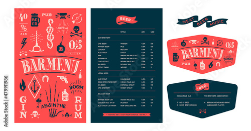 Brand identity set for Beer Bar, Pub. Old school vintage template menu with cover and text list template, business card. Vintage graphic element menu, card for bar, pub. Vector Illustration