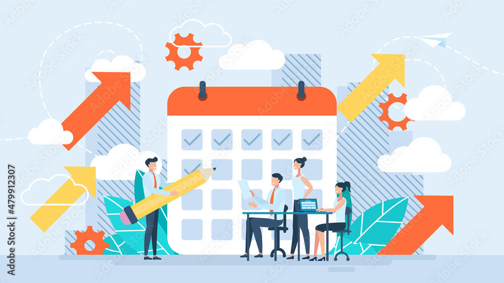Business development strategy planning. Calendar, keeping a diary. Company organizer. Scheduling a financial or economic strategy to develop the company. Tiny characters. Flat illustration