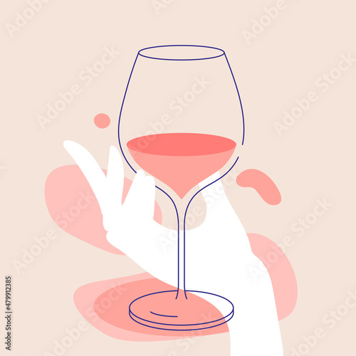 Woman’s hand holding glass of red wine. Flat illustration for greeting cards, postcards, invitations, menu design. Line art template