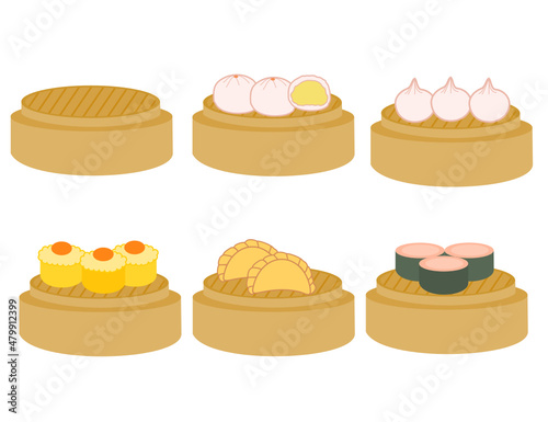 Asian traditional food.Set of dim sum or dimsum in steamer.Chinese new year.Sign, symbol, icon or logo isolated.Cartoon vector illustration.Flat design.Doodle or clipart.Menu for restaurant.