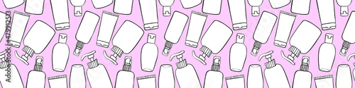 Vector seamless pattern of different outline bottles, tubes, flacons, cosmetic products in doodle style. Texture on theme beauty industry, skin care, hygiene products, toiletries