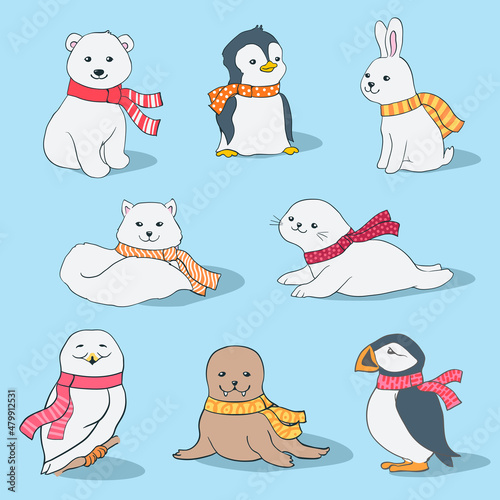 Set of cartoon polar animals with scarfs vector illustration. Arctic fox, polar bear, baby penguin, rabbit, walrus, seal, owl and puffin