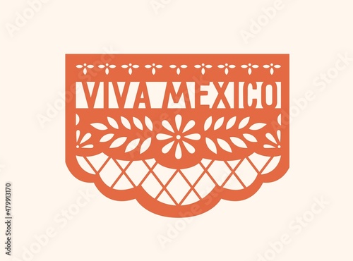 Papel Picado for Dia de los Muertos. Mexican pecked paper banner with flower pattern and Viva Mexico, Latin text. Traditional perforated flag, ornament for Day of Dead. Flat vector illustration