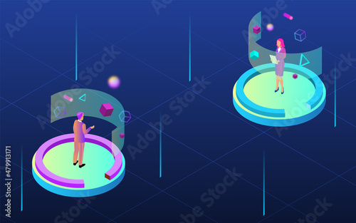 Concept of Future digital technology metaverse with Human face in augmented or virtual reality glasses, colorful background. Vector illustration eps10