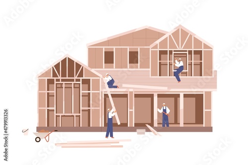 Wood house construction and renovation process. Workers contractors building home. Builders team work, constructing rural dwelling from planks. Flat vector illustration isolated on white background