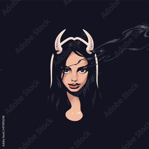 A mystical look. A devil woman with horns on her head. Black background. Magically it comes from the eyes.