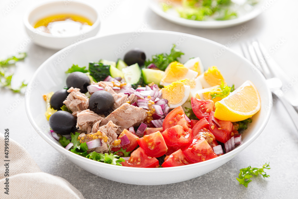 Tuna and fresh vegetable salad of tomato, cucumber, olives, onion, lettuce and boiled egg Tuna and fresh vegetable salad of tomato, cucumber, olives, onion, lettuce and boiled egg