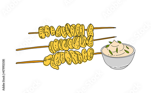 Fried mussels hand drawn vector design. Fast food menu design elements. Design element for poster, menu, flyer, banner, menu, package. Vector.