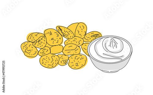 Fried mussels hand drawn vector design. Fast food menu design elements. Design element for poster, menu, flyer, banner, menu, package. Vector.
